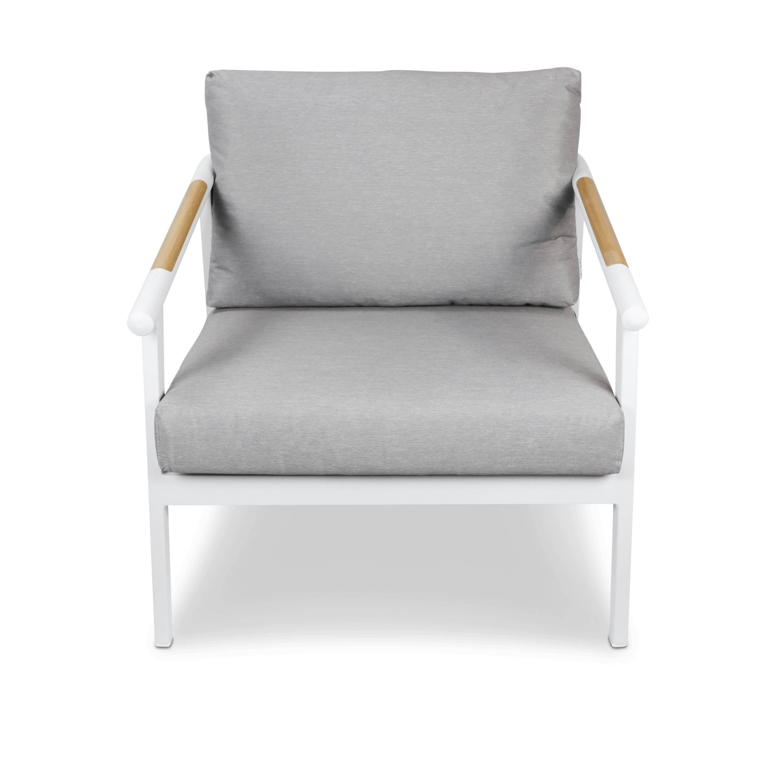 Porto & Santorini Large 3pc Occasional Set in Arctic White Aluminium Frame with Teak Polywood Accent and Spuncrylic Stone Grey Cushions