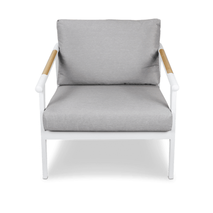 Porto & Santorini Large 3pc Occasional Set in Arctic White Aluminium Frame with Teak Polywood Accent and Spuncrylic Stone Grey Cushions