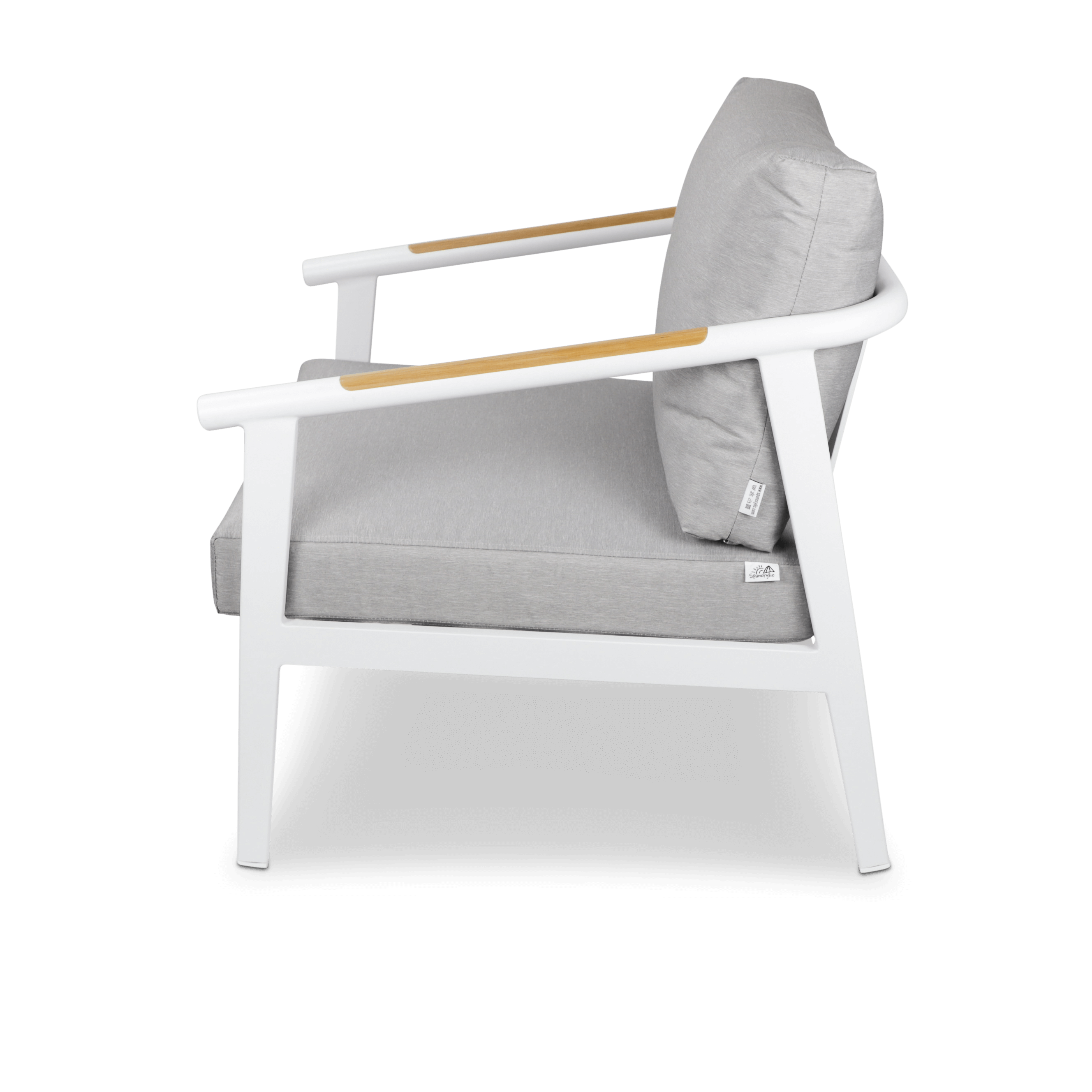 Porto & Santorini Large 3pc Occasional Set in Arctic White Aluminium Frame with Teak Polywood Accent and Spuncrylic Stone Grey Cushions