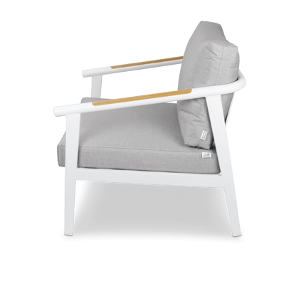 Porto & Santorini Large 3pc Occasional Set in Arctic White Aluminium Frame with Teak Polywood Accent and Spuncrylic Stone Grey Cushions