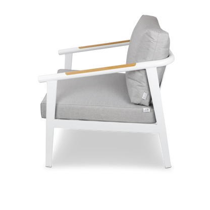 Porto & Santorini Large 3pc Occasional Set in Arctic White Aluminium Frame with Teak Polywood Accent and Spuncrylic Stone Grey Cushions