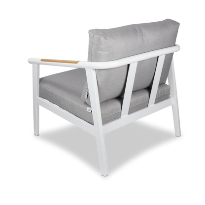 Porto & Santorini Large 3pc Occasional Set in Arctic White Aluminium Frame with Teak Polywood Accent and Spuncrylic Stone Grey Cushions