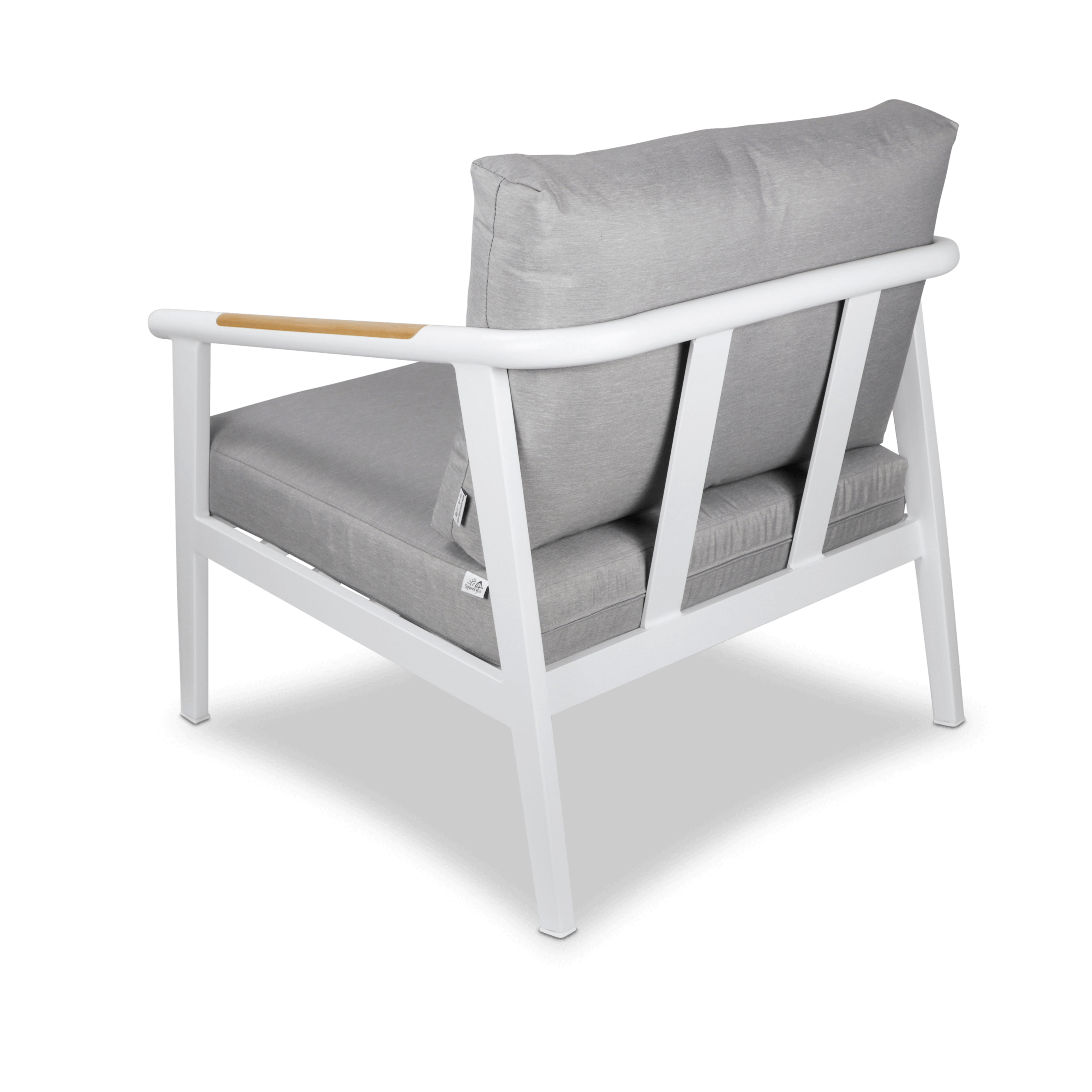 Porto & Santorini Large 3pc Occasional Set in Arctic White Aluminium Frame with Teak Polywood Accent and Spuncrylic Stone Grey Cushions