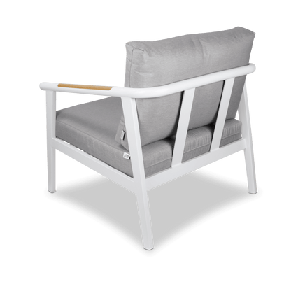 Porto & Santorini Large 3pc Occasional Set in Arctic White Aluminium Frame with Teak Polywood Accent and Spuncrylic Stone Grey Cushions