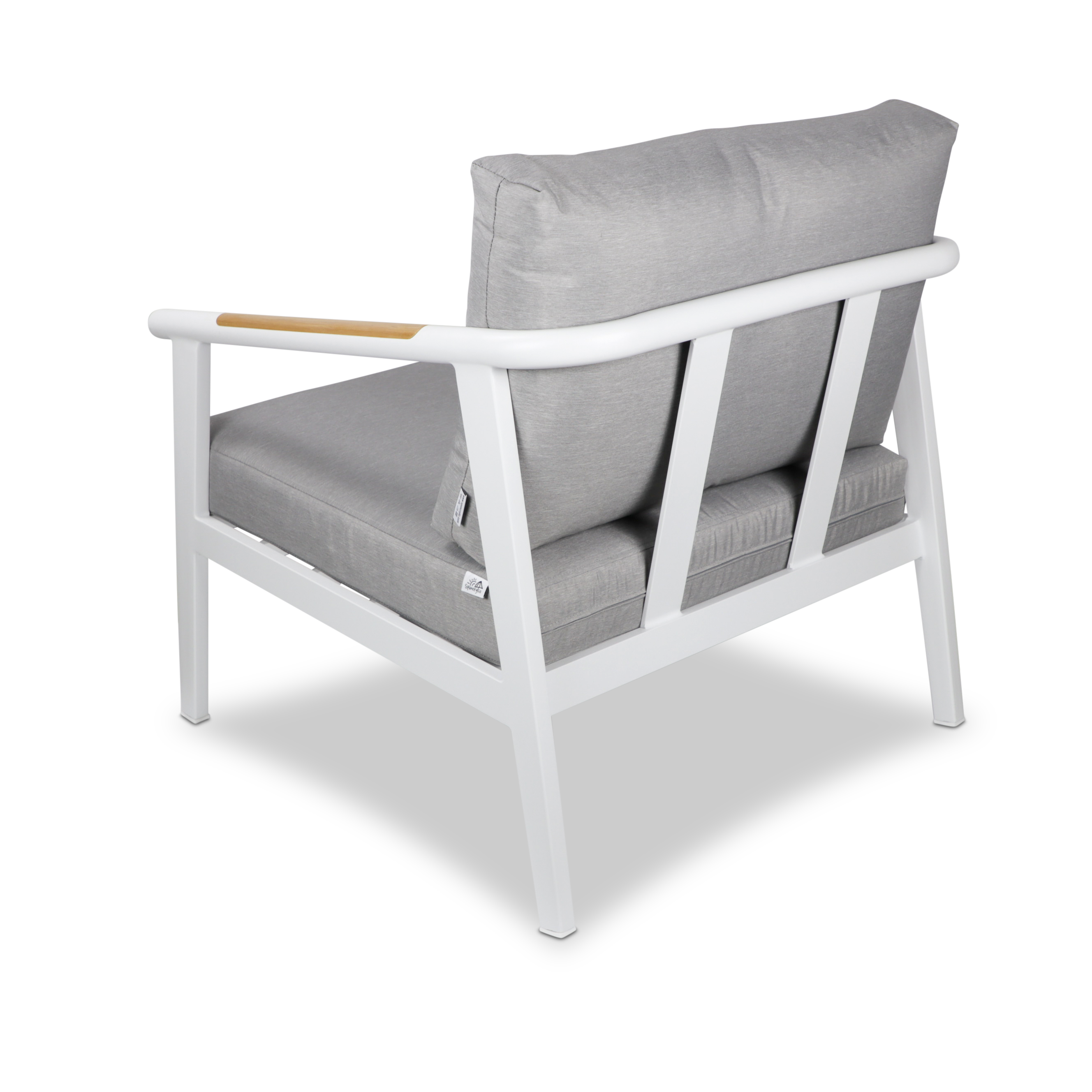 Porto & Ravello 3pc Occasional Set in Arctic White Aluminium Frame with Teak Polywood Accent and Spuncrylic Stone Grey Cushions