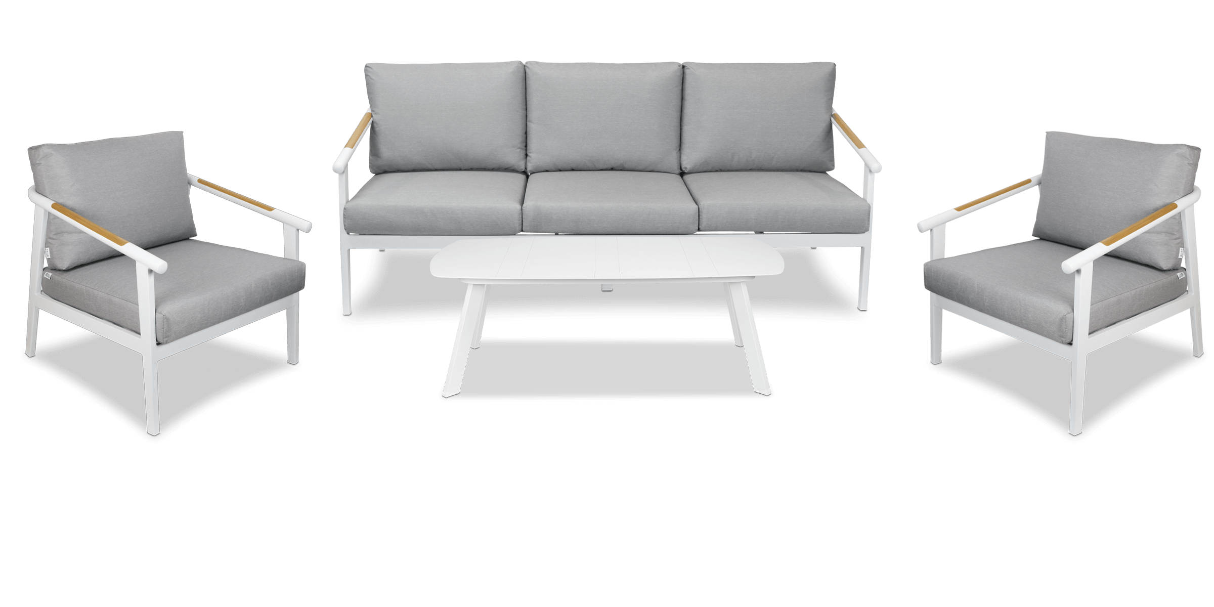 Porto 3 Seater with 2 x Armchair & Amalfi Coffee Table in Arctic White with Teak Polywood Accent and Spuncrylic Stone Grey Cushions