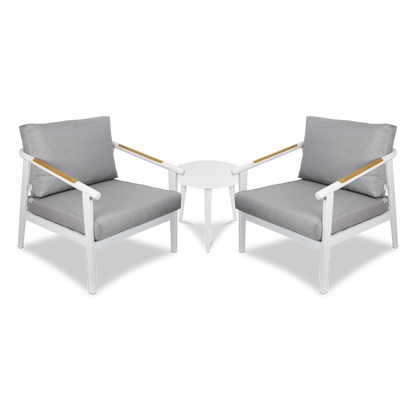 Porto & Santorini Large 3pc Occasional Set in Arctic White Aluminium Frame with Teak Polywood Accent and Spuncrylic Stone Grey Cushions