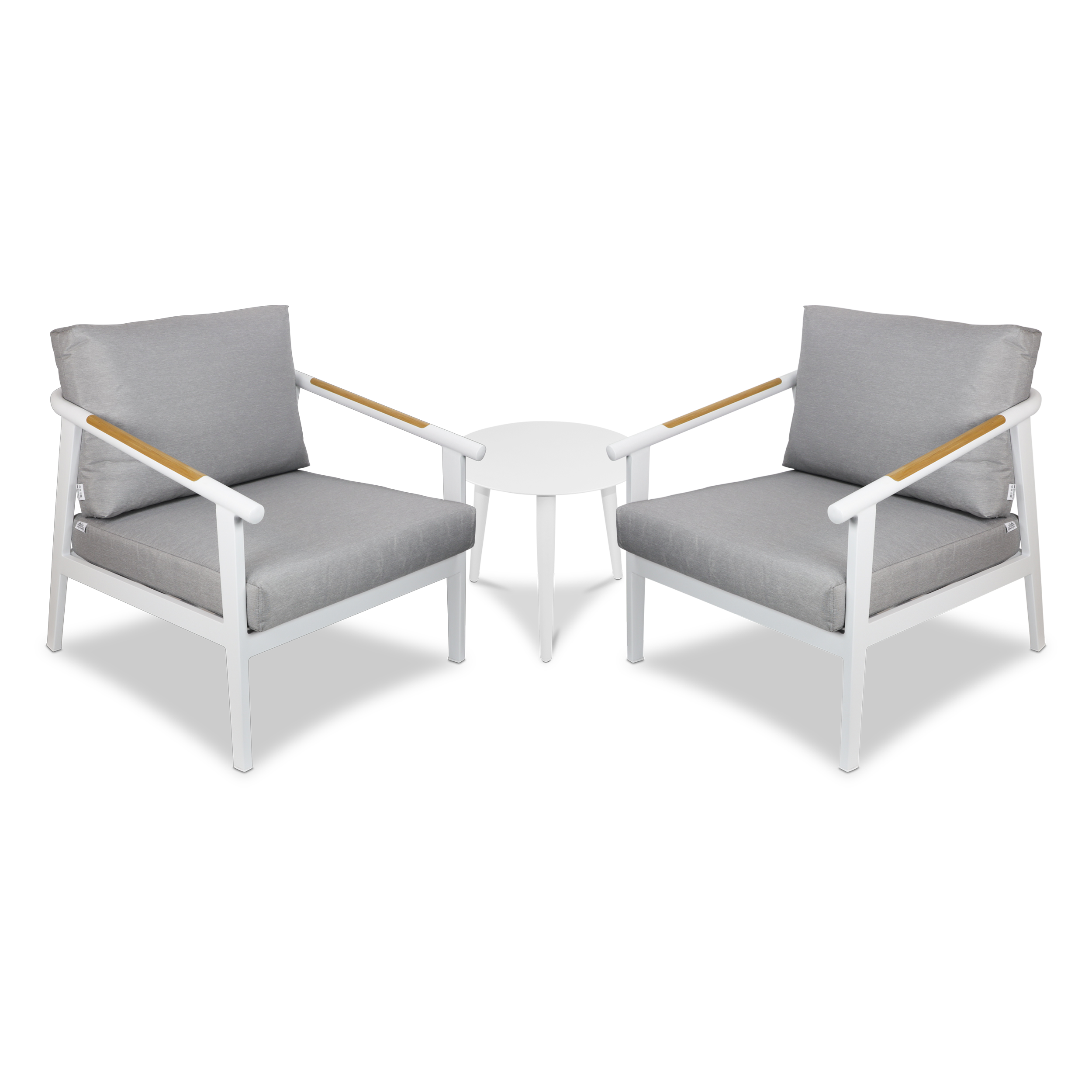 Porto & Santorini Large 3pc Occasional Set in Arctic White Aluminium Frame with Teak Polywood Accent and Spuncrylic Stone Grey Cushions