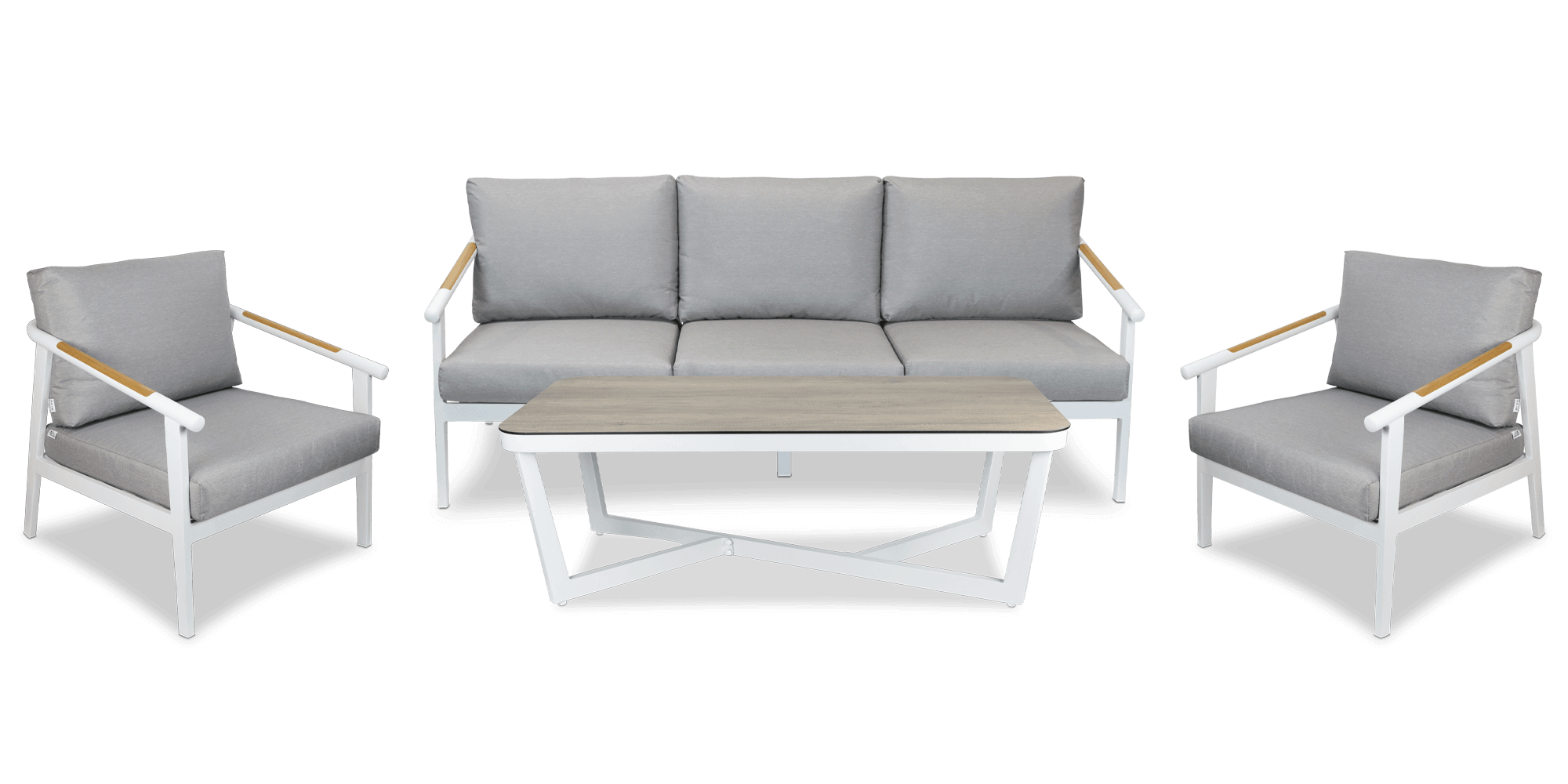 Porto 3 Seater with 2 x Armchair & Coffee Table in Arctic White with Teak Polywood Accent, HPL Table Top and Spuncrylic Stone Grey Cushions