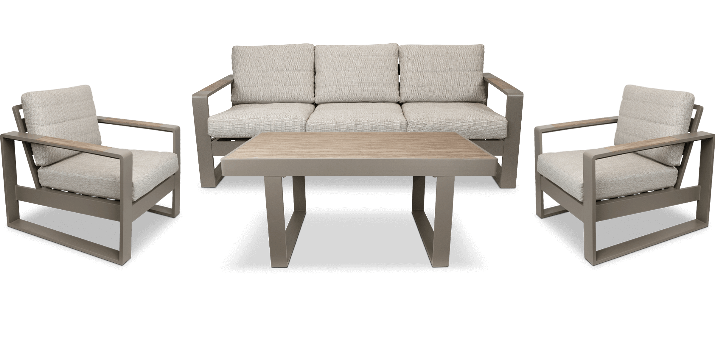 Positano 4 piece lounge in Taupe with Polywood Inset with Latte Check Spun Polyester Cushions