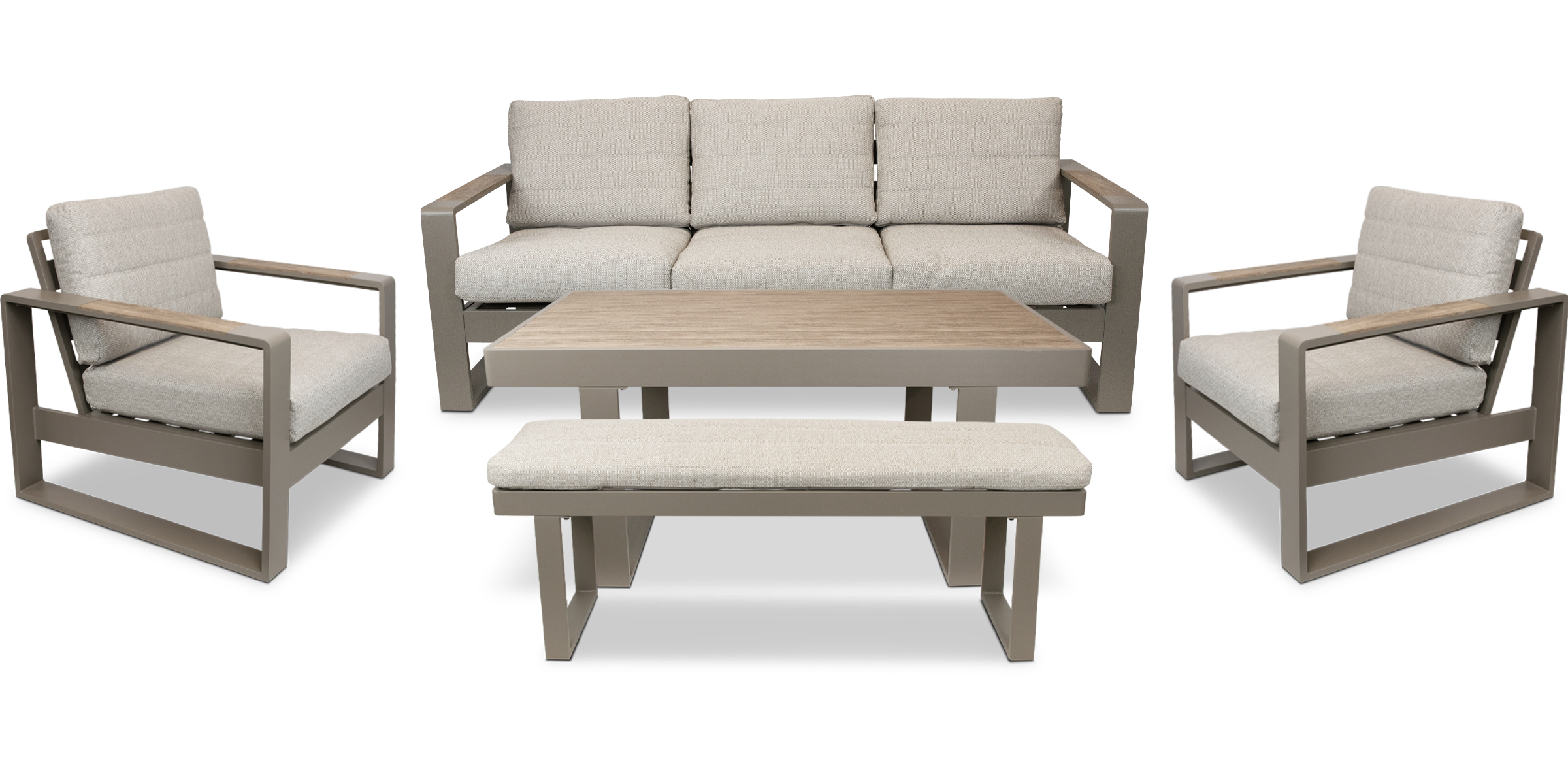 Positano 5 piece lounge in Taupe with Polywood Inset with Latte Check Spun Polyester Cushions