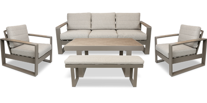 Positano 5 piece lounge in Taupe with Polywood Inset with Latte Check Spun Polyester Cushions