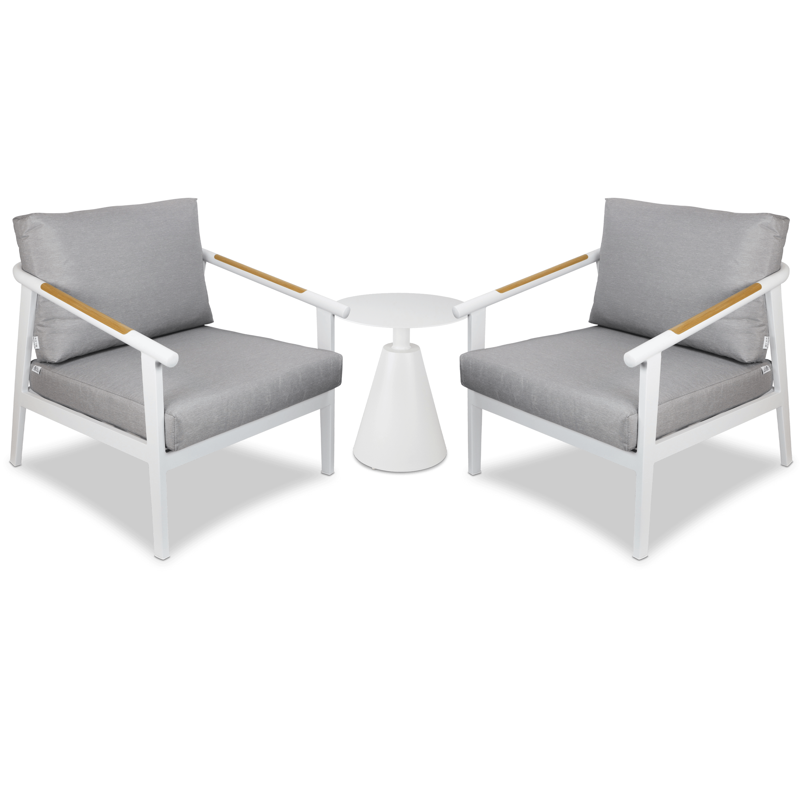 Porto & Ravello 3pc Occasional Set in Arctic White Aluminium Frame with Teak Polywood Accent and Spuncrylic Stone Grey Cushions