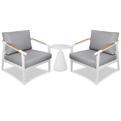 Porto & Ravello 3pc Occasional Set in Arctic White Aluminium Frame with Teak Polywood Accent and Spuncrylic Stone Grey Cushions