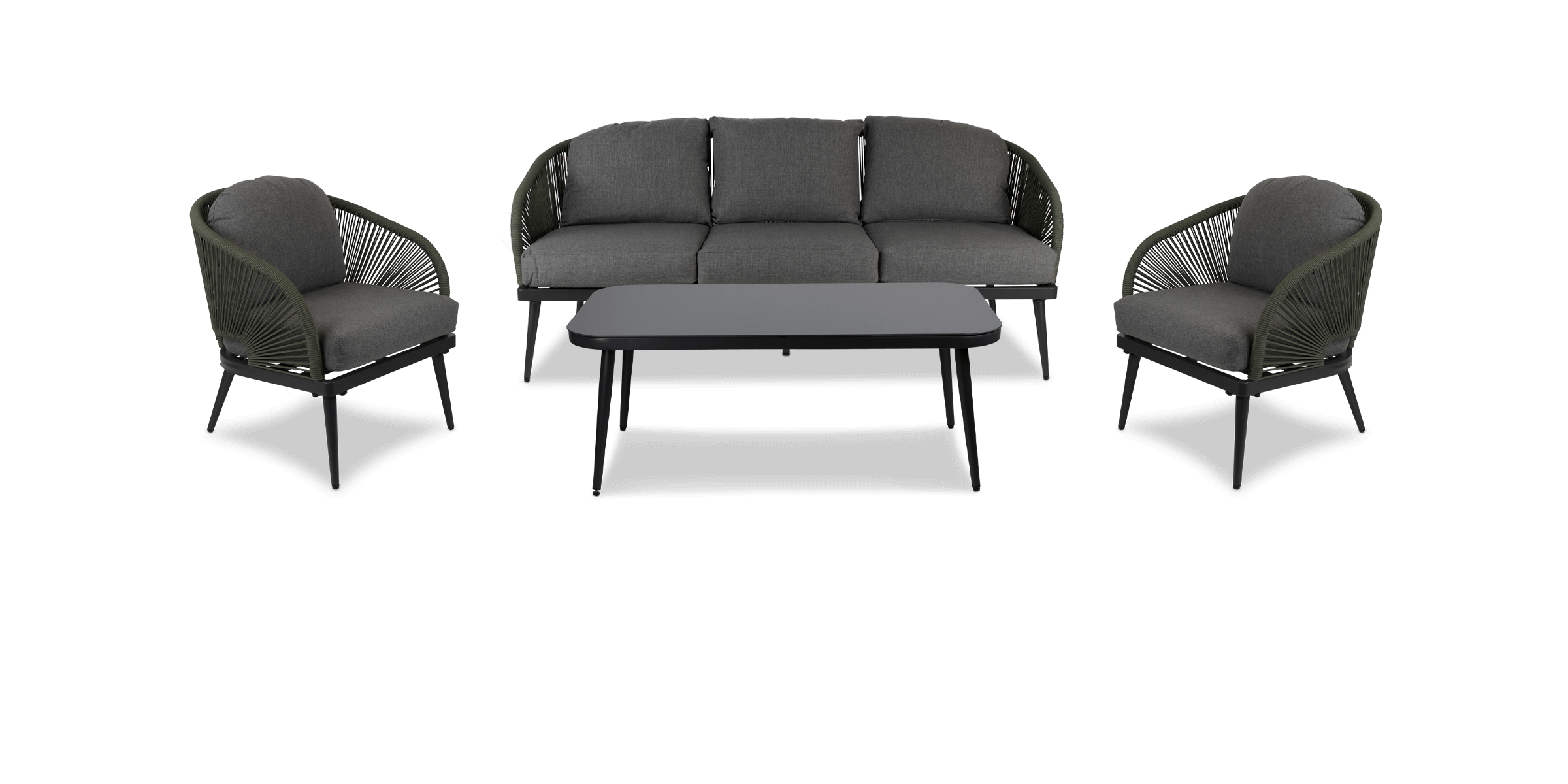 Santa Monica 3 Seater, 2 x Armchair and Coffee Table with Soft Ash Olefin Cushions, Bonsai Olefin Rope and Gunmetal Aluminium Frame