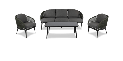 Santa Monica 3 Seater, 2 x Armchair and Coffee Table with Soft Ash Olefin Cushions, Bonsai Olefin Rope and Gunmetal Aluminium Frame