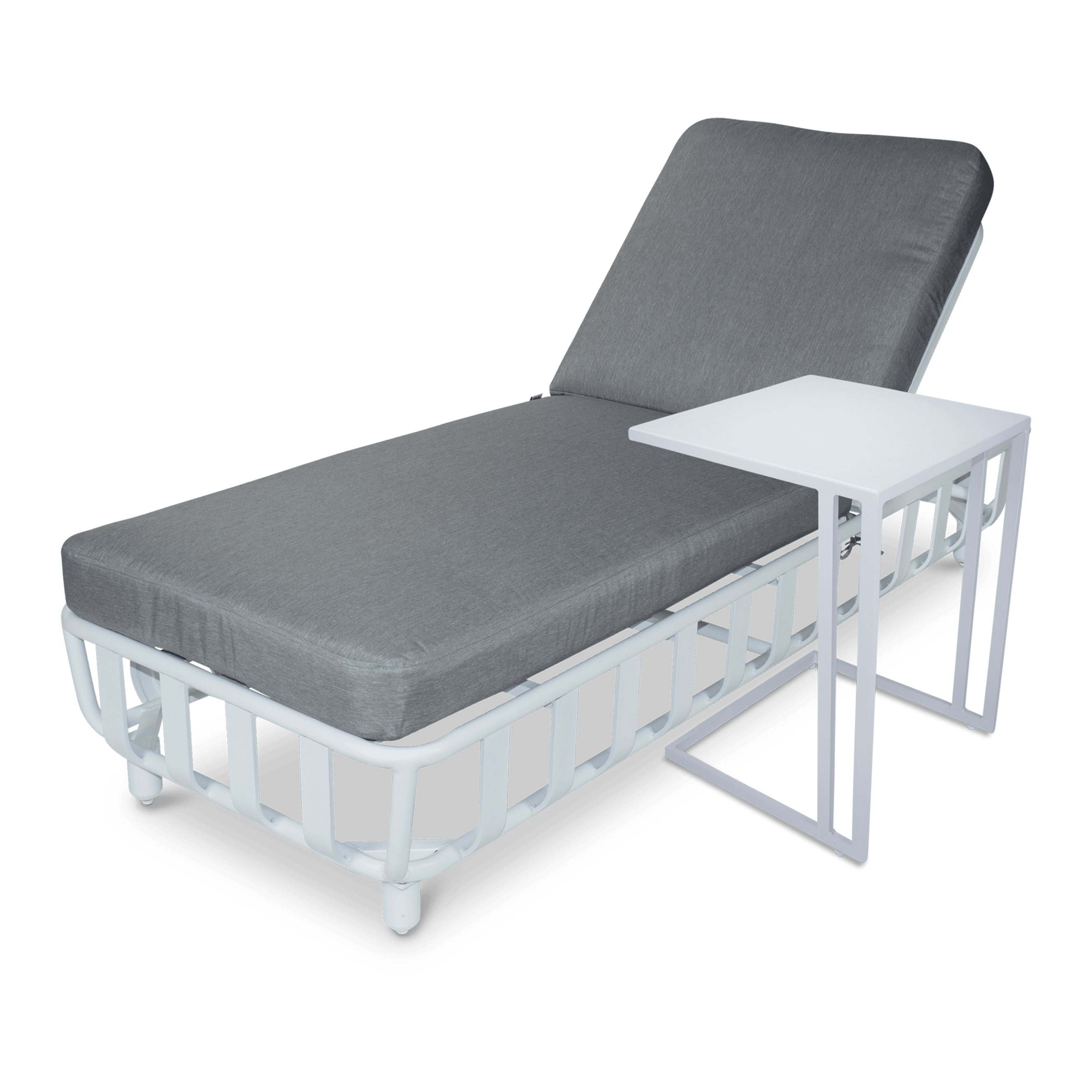 Sorrento Sunlounger & Mykonos Large Side Table in Arctic White with Spuncrylic Stone Grey Cushions