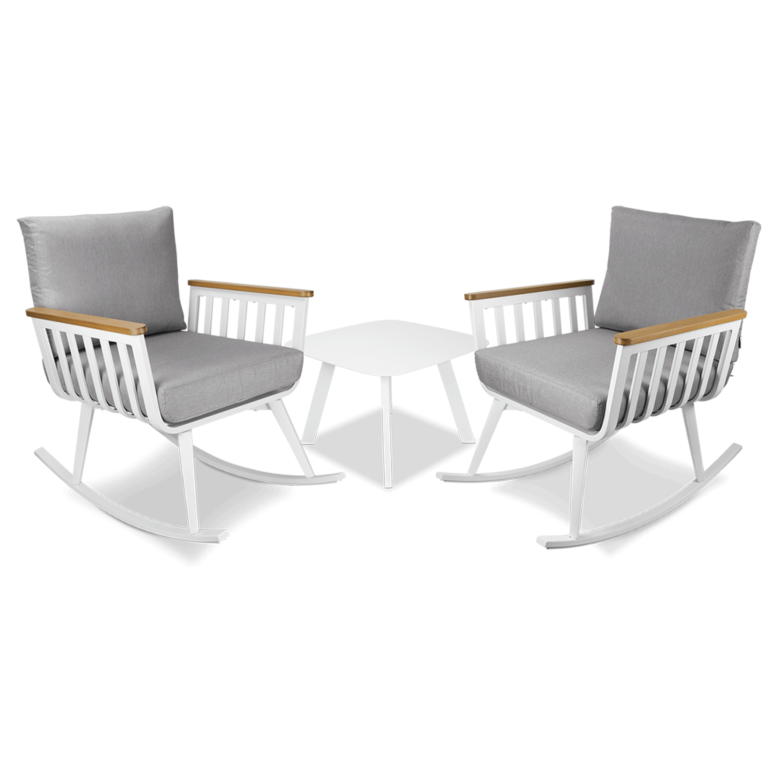 Sorrento Rocker 3pc Occasional Set in Arctic White with Polywood Teak Accent and Spuncrylic Stone Grey Cushions