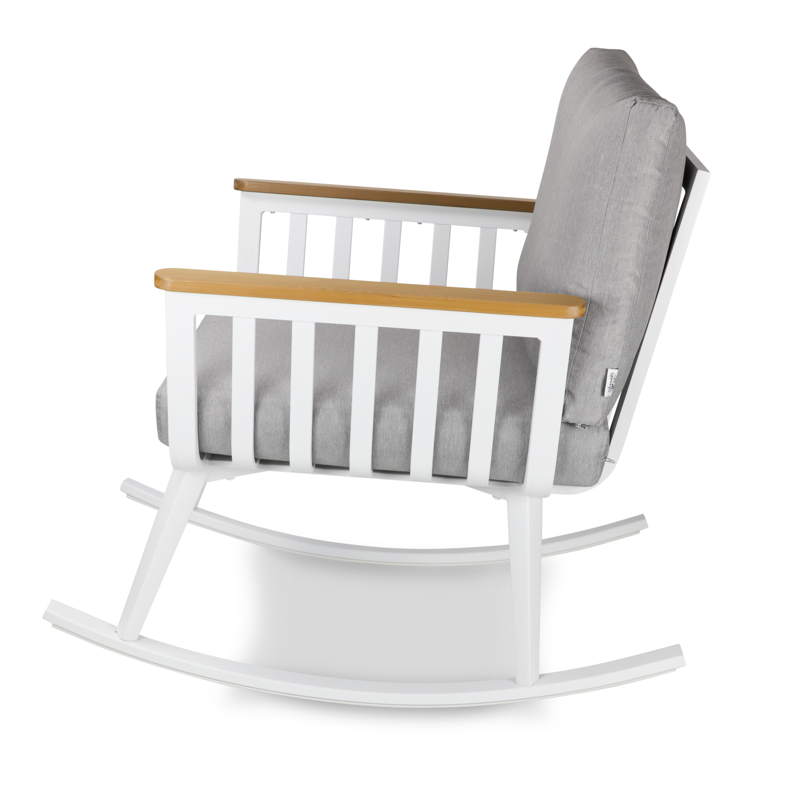 Sorrento Rocker 3pc Occasional Set in Arctic White with Polywood Teak Accent and Spuncrylic Stone Grey Cushions