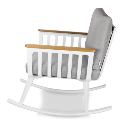 Sorrento Rocker 3pc Occasional Set in Arctic White with Polywood Teak Accent and Spuncrylic Stone Grey Cushions