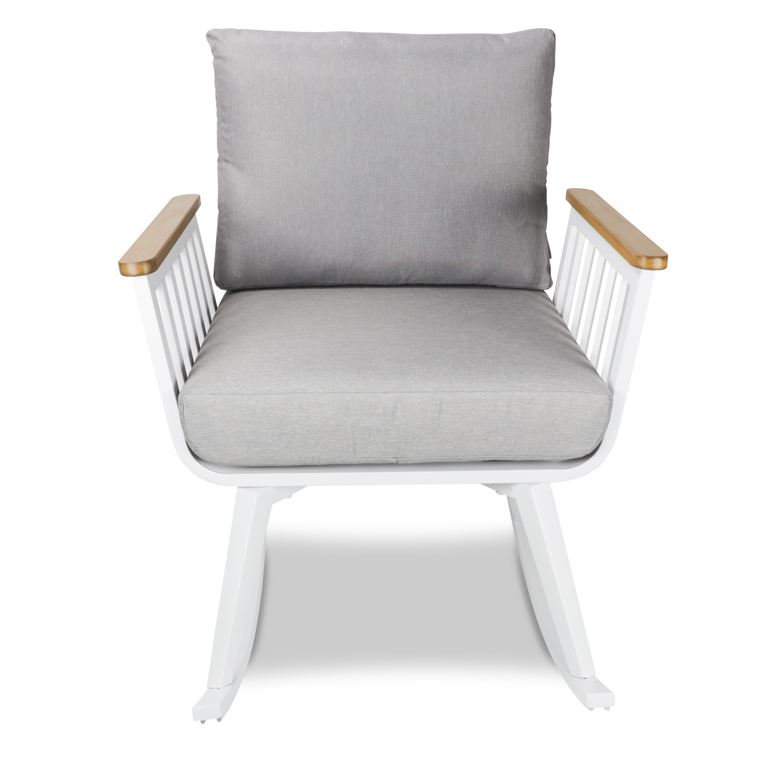 Sorrento Rocker 3pc Occasional Set in Arctic White with Polywood Teak Accent and Spuncrylic Stone Grey Cushions