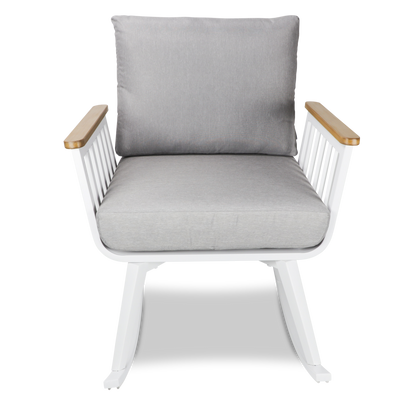 Sorrento Rocker 3pc Occasional Set in Arctic White with Polywood Teak Accent and Spuncrylic Stone Grey Cushions