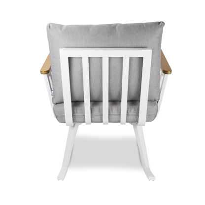 Sorrento Rocker 3pc Occasional Set in Arctic White with Polywood Teak Accent and Spuncrylic Stone Grey Cushions