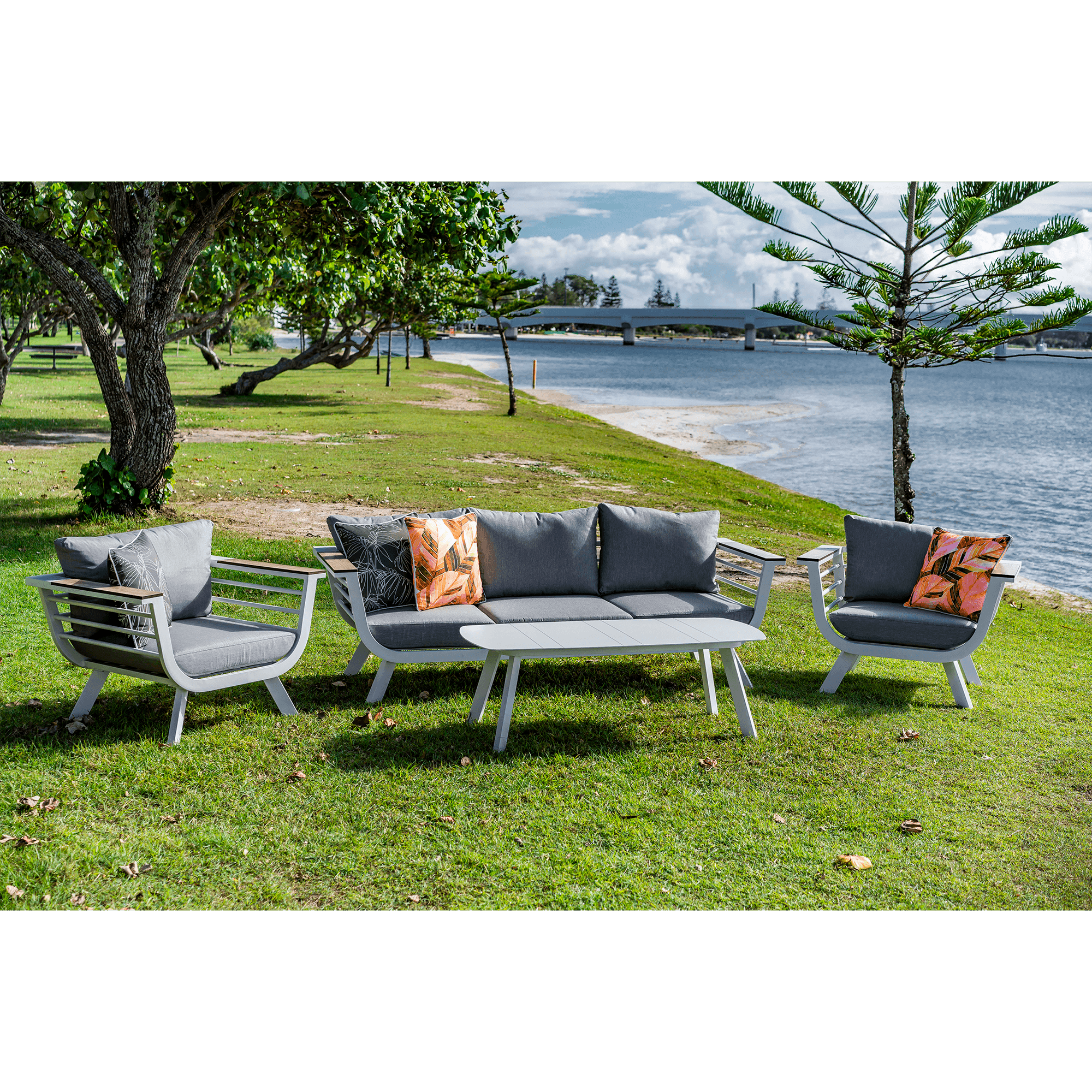 Amalfi 3 Seater with 2x Armchairs & Coffee Table in Arctic White with HPL Accent and Spuncrylic Stone Grey Cushions