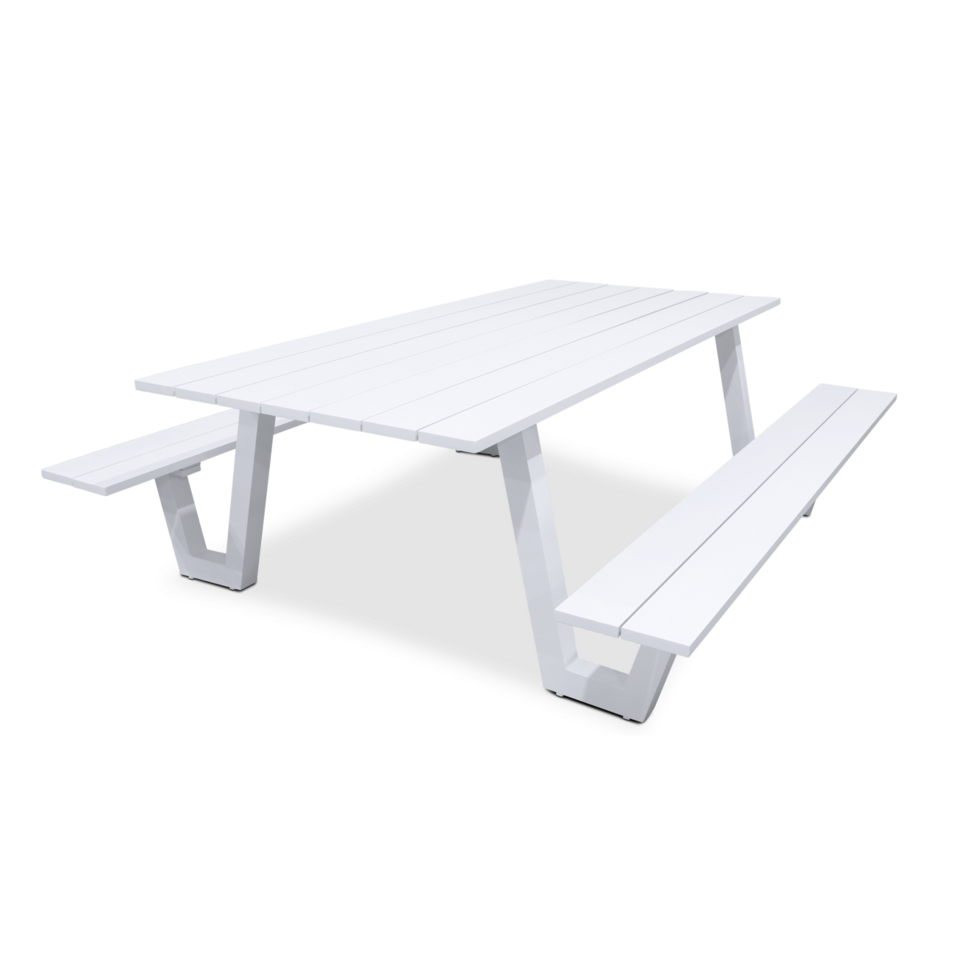 Mediterranean Dining Table and Bench Set in Arctic White Aluminium