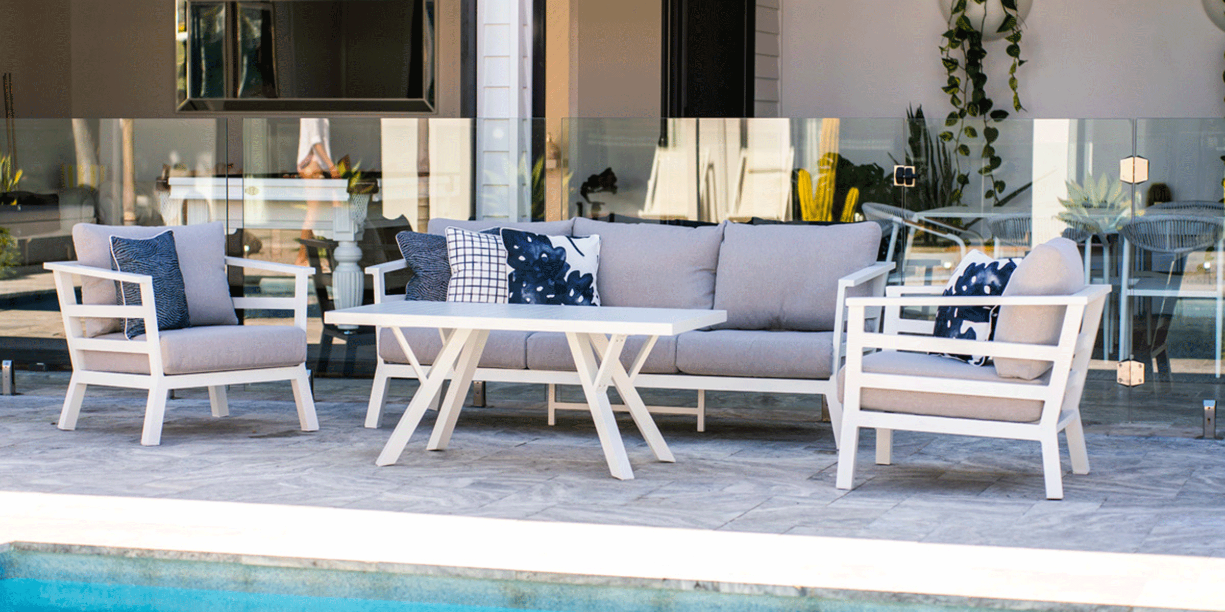 Aveiro 3 Seater with 2x Armchairs and Morocco Coffee Table in Arctic White with Stone Olefin Cushions