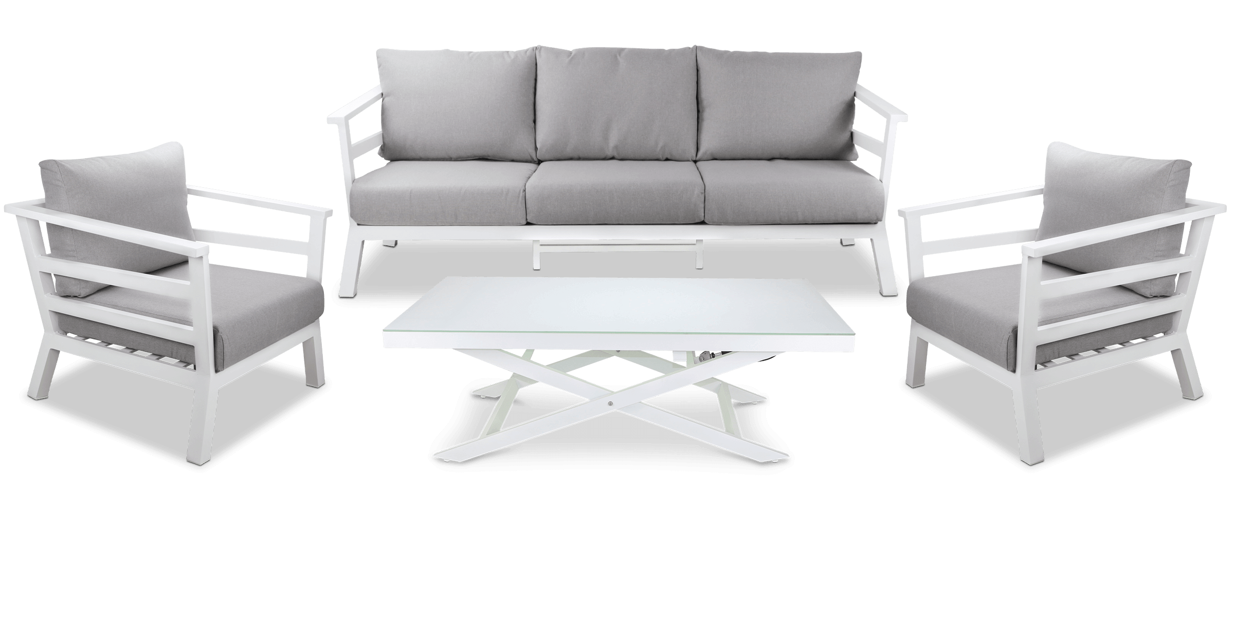 Aveiro 3 Seater with 2 x Armchairs and Mykonos Adjustable Coffee Table in Arctic White with Stone Olefin Cushions