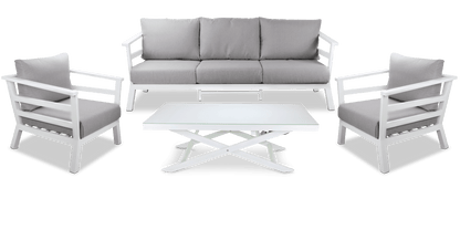 Aveiro 3 Seater with 2 x Armchairs and Mykonos Adjustable Coffee Table in Arctic White with Stone Olefin Cushions