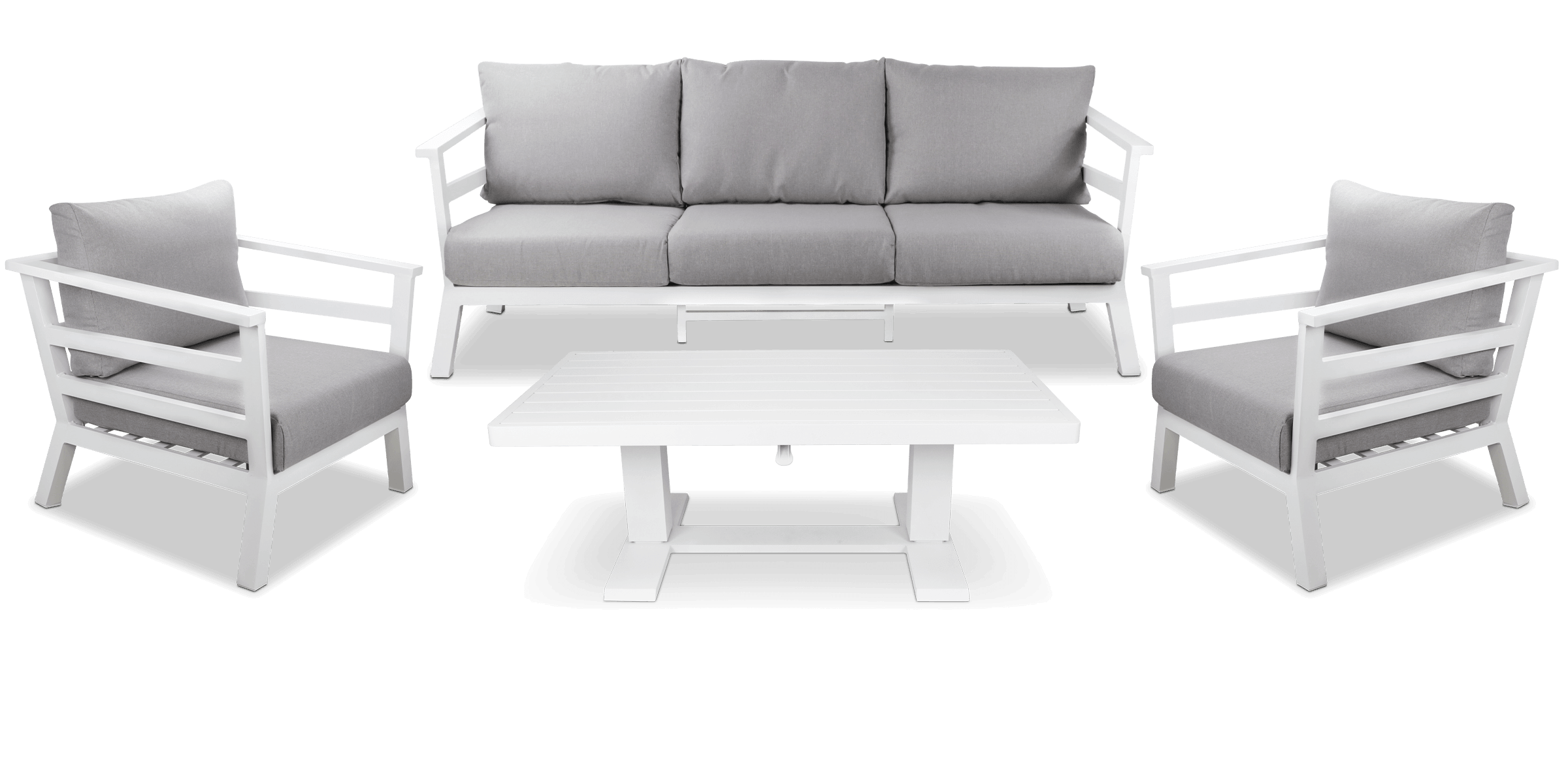 Aveiro 3 Seater with 2x Armchairs and Adjustable Coffee Table in Arctic White with Stone Olefin Cushions