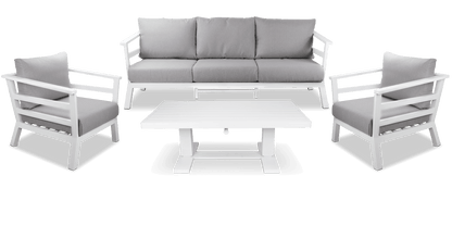 Aveiro 3 Seater with 2x Armchairs and Adjustable Coffee Table in Arctic White with Stone Olefin Cushions