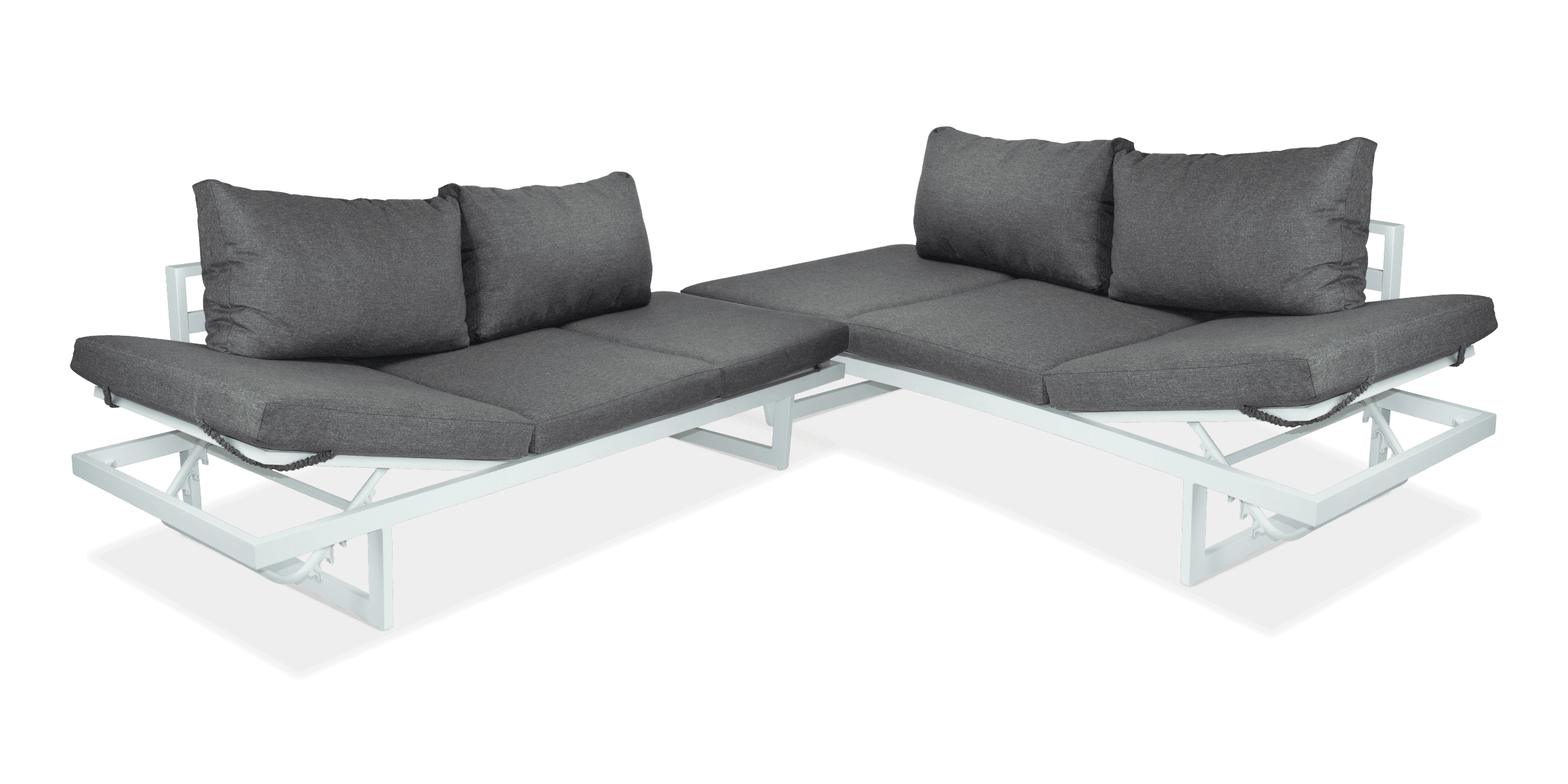 Milan Corner Set with Dual Sunlounger Functionality in Arctic White with Pebble Olefin Cushions