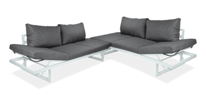 Milan Corner Set with Dual Sunlounger Functionality in Arctic White with Pebble Olefin Cushions