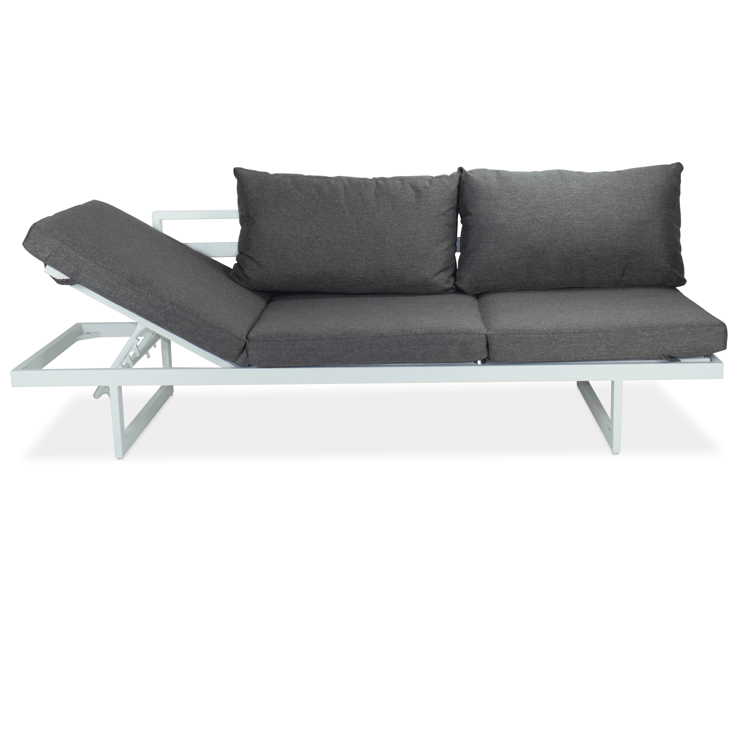 Milan 3 Seater Dual Sunlounger with San Sebastian Coffee Table in Arctic White Frame and Pebble Olefin Cushions