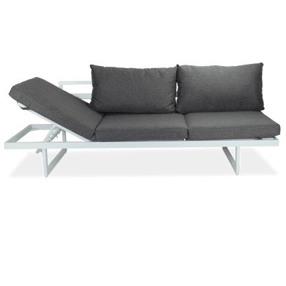 Milan 3 Seater Dual Sunlounger with San Sebastian Coffee Table in Arctic White Frame and Pebble Olefin Cushions