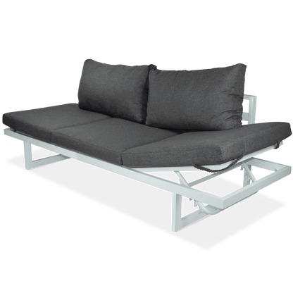 Milan 3 Seater Dual Sunlounger with San Sebastian Coffee Table in Arctic White Frame and Pebble Olefin Cushions