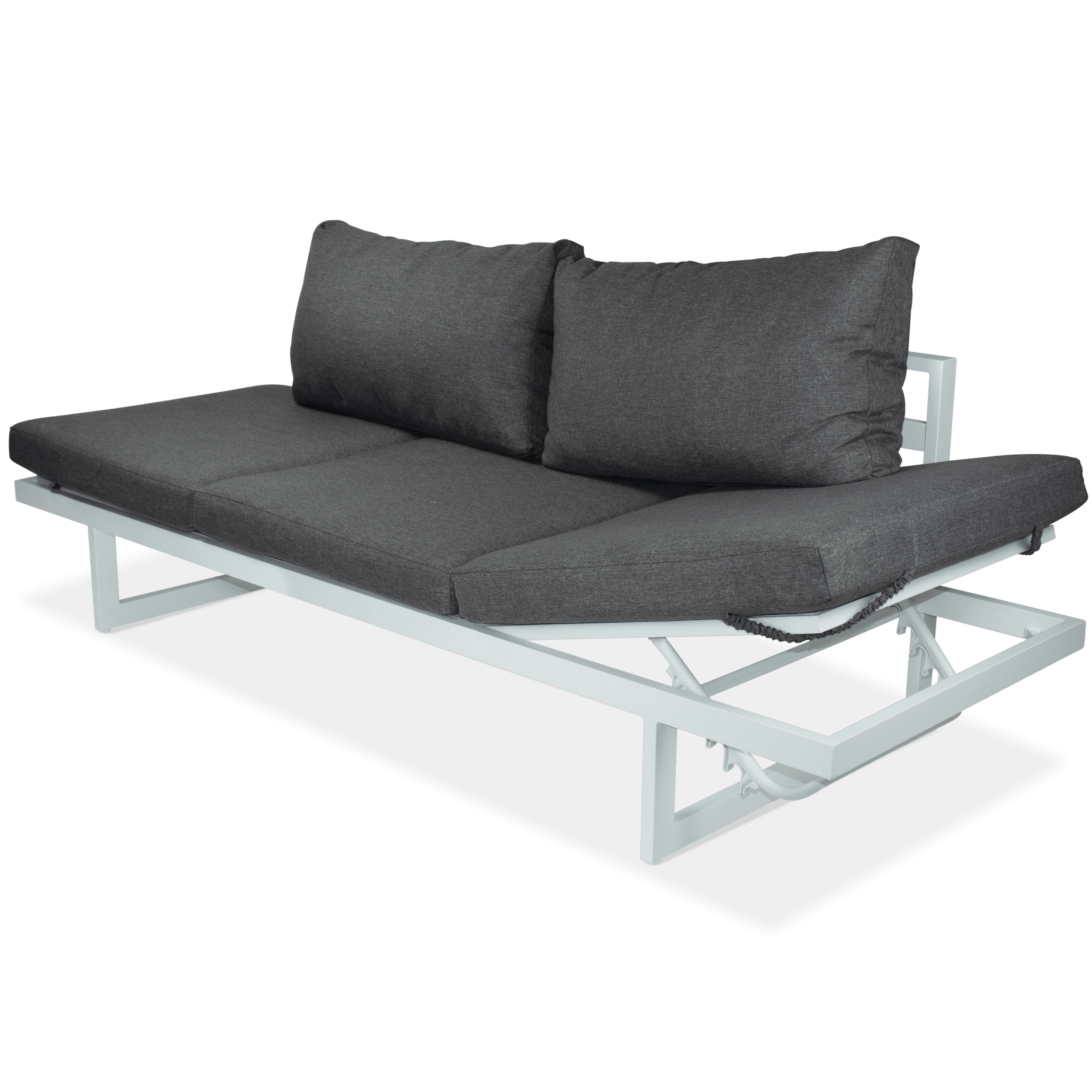 Milan 3 Seater Dual Sunlounger with San Sebastian Coffee Table in Arctic White Frame and Pebble Olefin Cushions