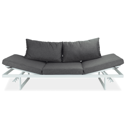 Milan 3 Seater Dual Sunlounger with San Sebastian Coffee Table in Arctic White Frame and Pebble Olefin Cushions