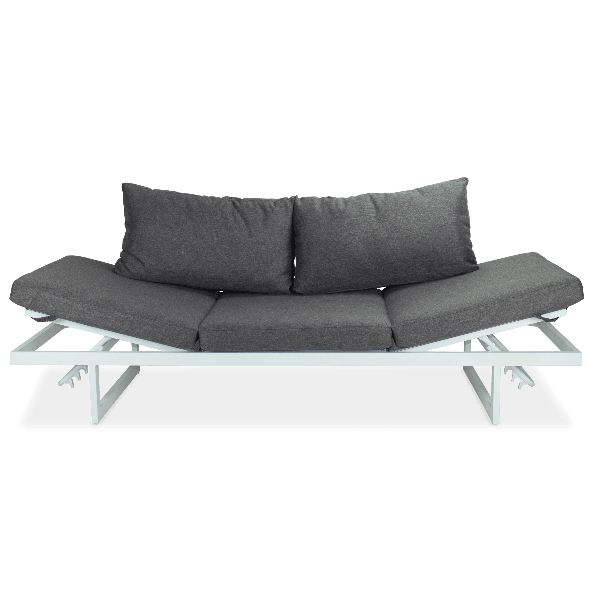 Milan 3 Seater Dual Sunlounger with San Sebastian Coffee Table in Arctic White Frame and Pebble Olefin Cushions