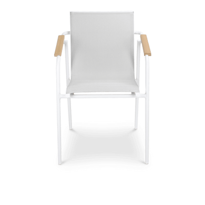 Capri Dining Chair in Arctic White Aluminium Frame with Polywood Teak Accent and Dune Textilene - The Furniture Shack