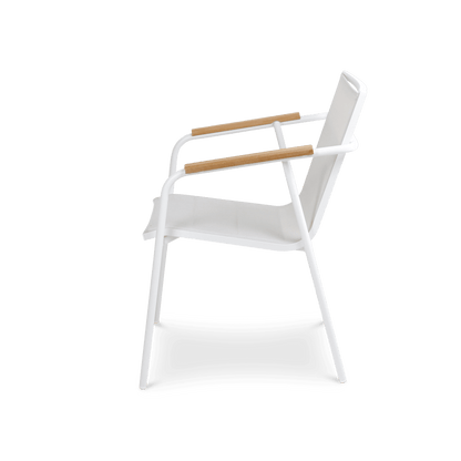 Capri Dining Chair in Arctic White Aluminium Frame with Polywood Teak Accent and Dune Textilene - The Furniture Shack