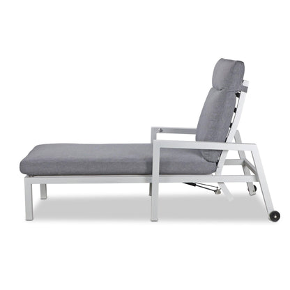 San Sebastian Reclining Sunlounger in Arctic White and Platinum Olefin Cushions - The Furniture Shack