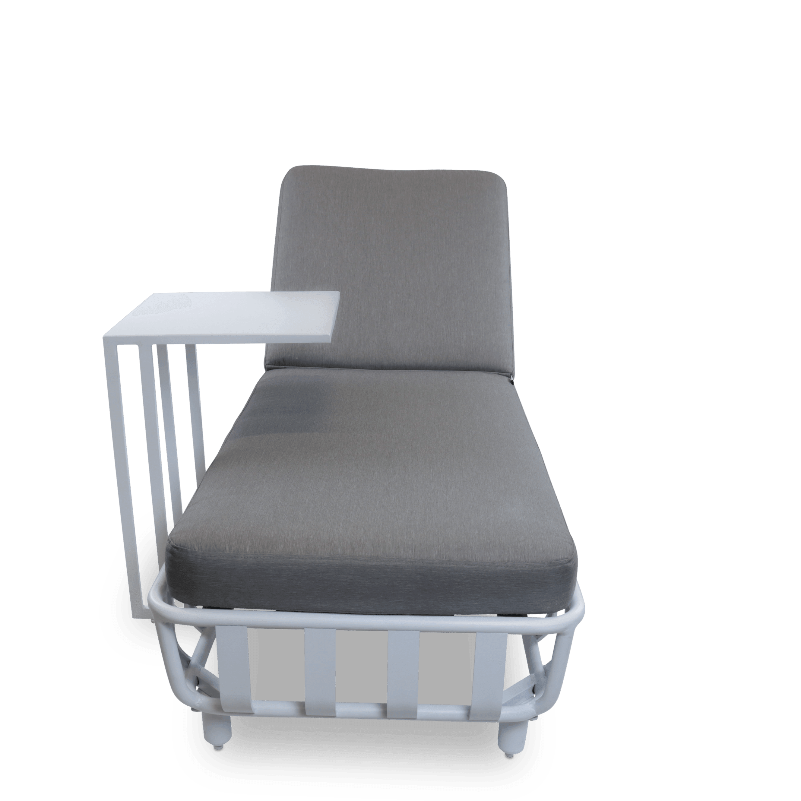 Sorrento Sunlounger & Mykonos Large Side Table in Arctic White with Spuncrylic Stone Grey Cushions - The Furniture Shack