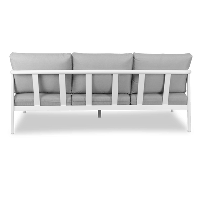 Porto 3 Seater in Arctic White Aluminium Frame with Teak Polywood Accent and Spuncrylic Stone Grey Cushions - The Furniture Shack