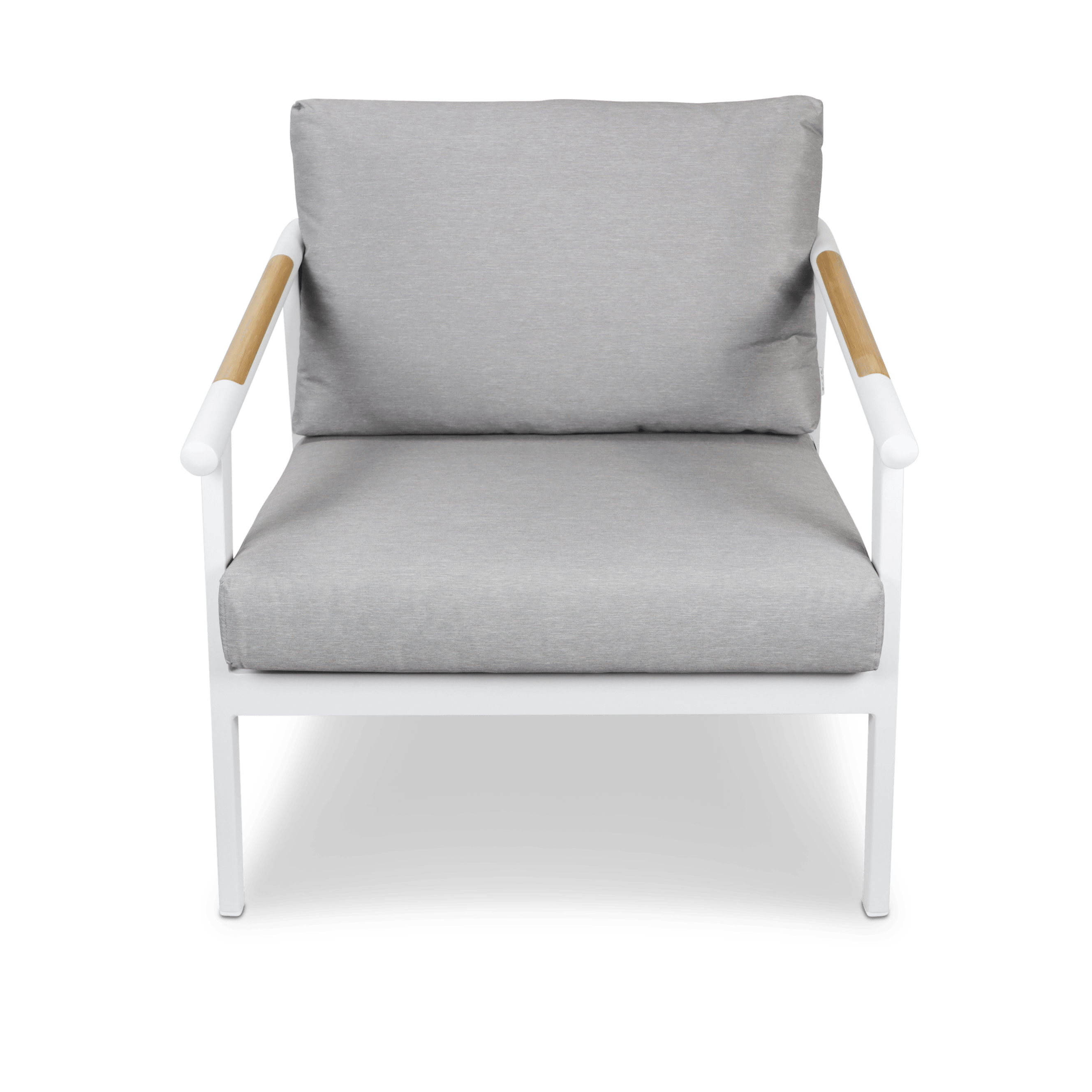 Porto Armchair in Arctic White Aluminium Frame with Teak Polywood Accent and Spuncrylic Stone Grey Cushions - The Furniture Shack