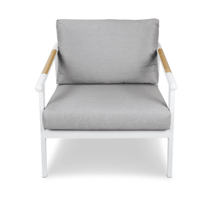 Porto Armchair in Arctic White Aluminium Frame with Teak Polywood Accent and Spuncrylic Stone Grey Cushions - The Furniture Shack