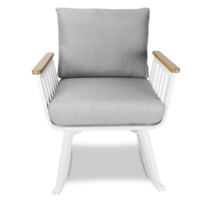 Sorrento Rocker in Arctic White with Polywood Teak Accent and Spuncrylic Stone Grey Cushions - The Furniture Shack